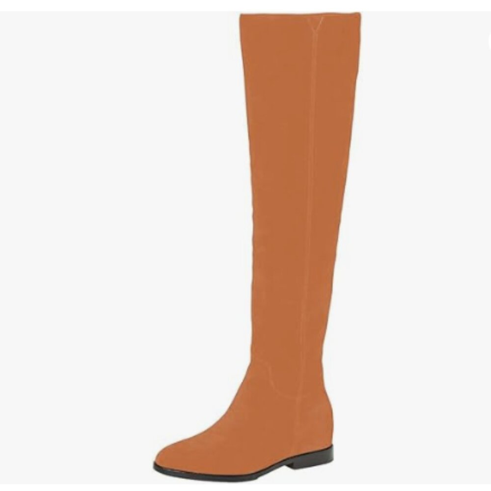 Pazzion Women Almond Toe Knee High Boots with Partial Zipper Stretchy Orange